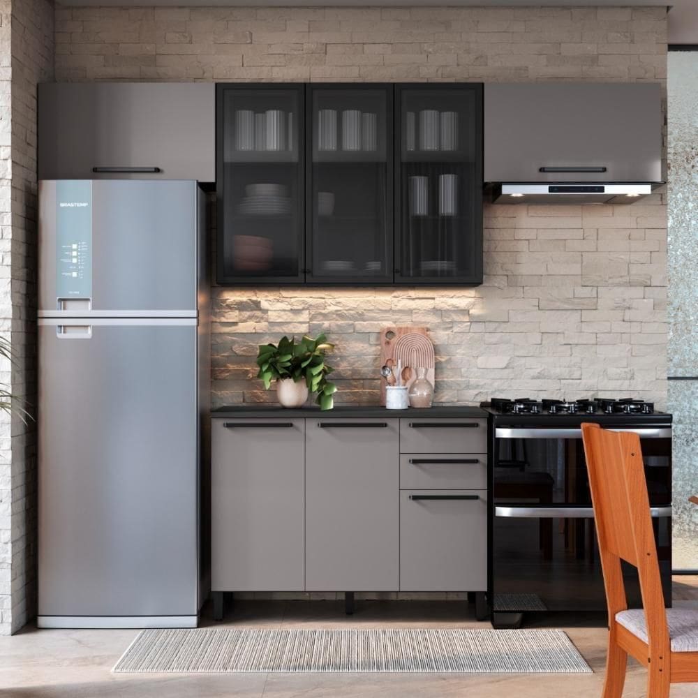 Cozinha Modulada Compacta Fidelitá Mônaco 4 Peças 280cm 8 Portas 2 Gavetas Com Tampo Chumbo/titânio