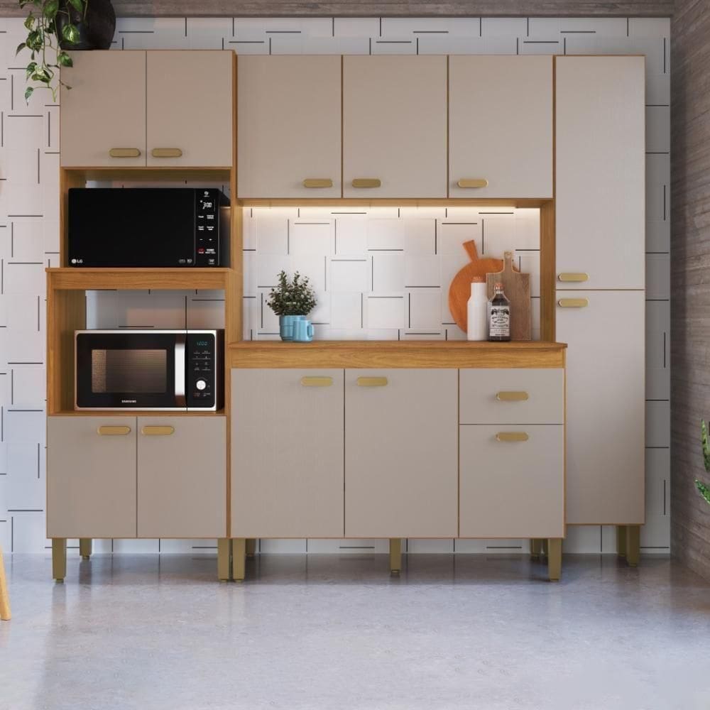 Cozinha Modulada Compacta Fidelitá Mariana 4 Peças 220cm 12 Portas 1 Gavetas Com Tampo Freijó/camurça