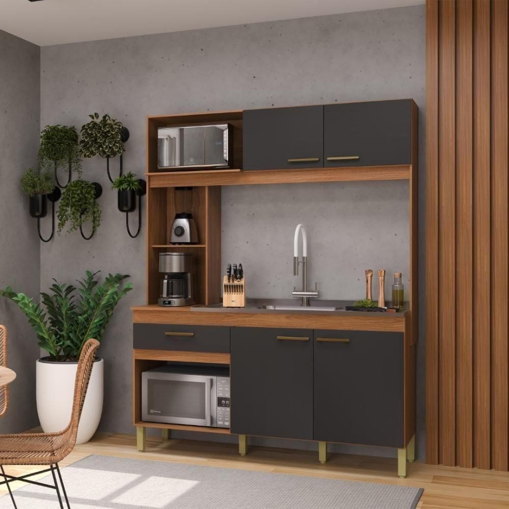 Armário De Cozinha Compacta Fidelitá Xangai 160cm 4 Portas 1 Gaveta Sem Tampo E Fundo Freijó/chumbo