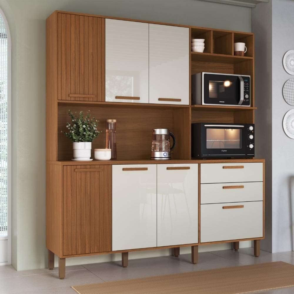 Armário De Cozinha Compacta Fidelitá Barcelona 180cm 7 Portas 2 Gaveta Com Tampo E Fundo Freijó/off-white