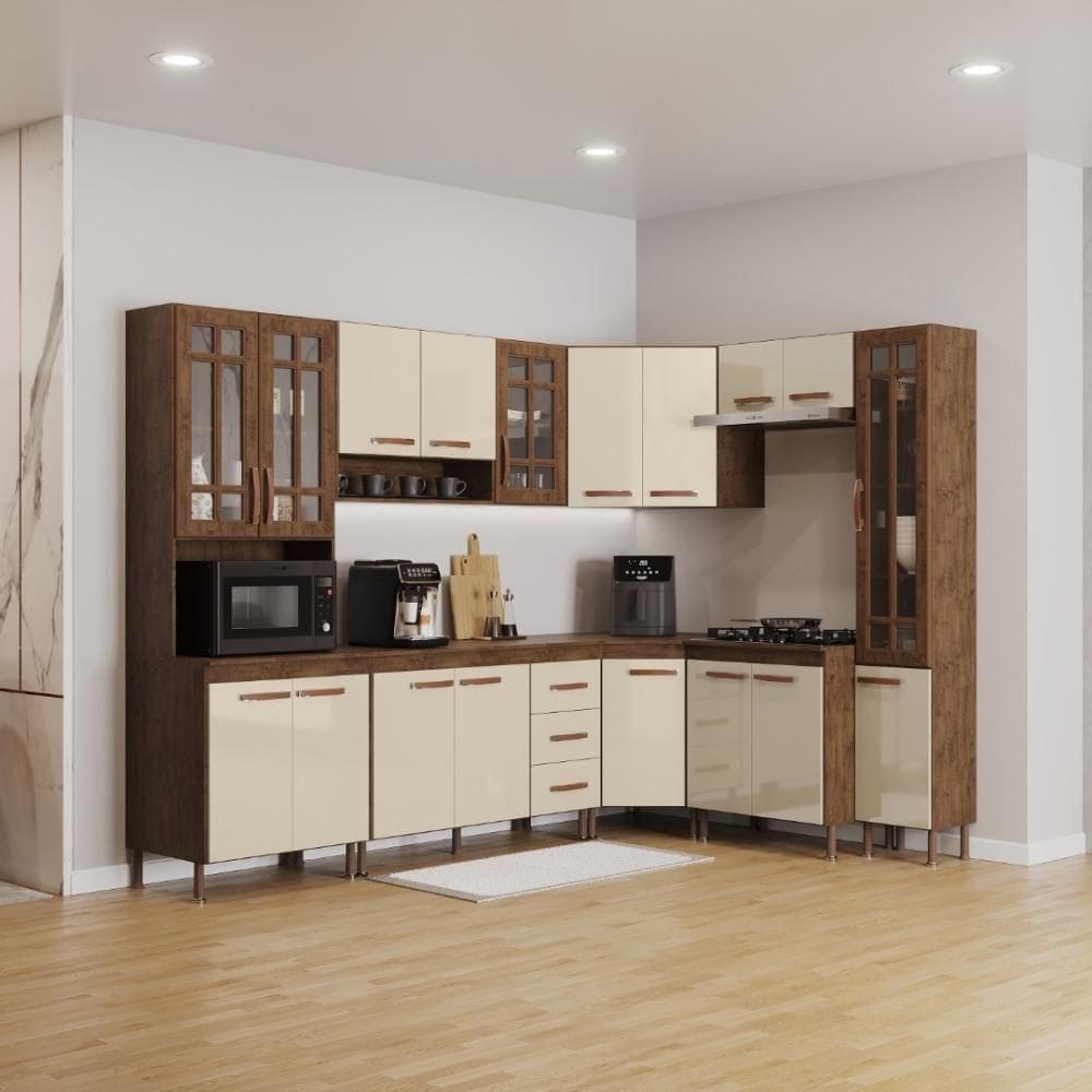 Cozinha Modulada Completa Fidelitá Lisboa 8 Peças 445cm 18 Portas 3 Gavetas Com Tampo Noce/off-white