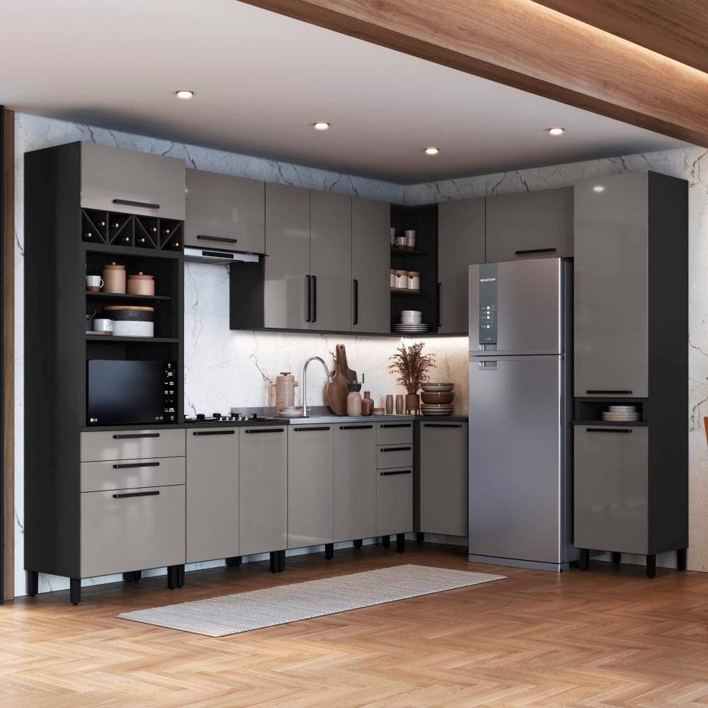 Cozinha Modulada Completa Fidelitá Mônaco 9 Peças 549cm 16 Portas 4 Gavetas Sem Tampo Chumbo/titânio