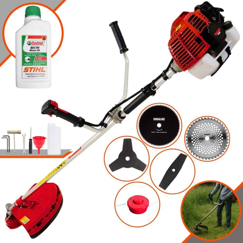 Aparador de Grama Profissional À Gasolina Kawashima KW43L 43cc 1,7HP 10.000rpm Roçadeira Multifuncional Lateral Com 6 Opões de Cortes + ÓLEO STIHL 2T