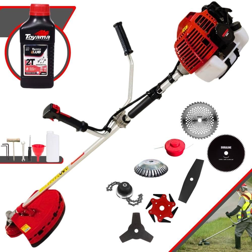 Roçadeira Multifuncional Kawashima KW43L À Gasolina 2T 43cc 1,7HP de Potência Alta Rotação Com Carretel de Nylon + Kit 7 Lâminas Extras + ÓLEO TOYAMA