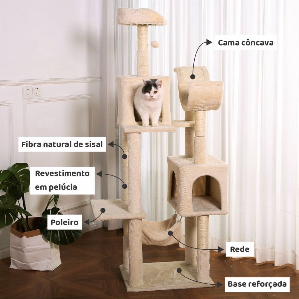 Arranhador de gato grande, luxuoso, multifuncional com casas, camas, rede, poleiros e brinquedo