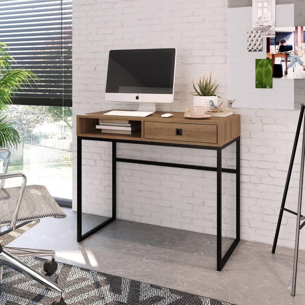 Escrivaninha c/ Gaveta Marrom Industrial Ferro Preto Escritório