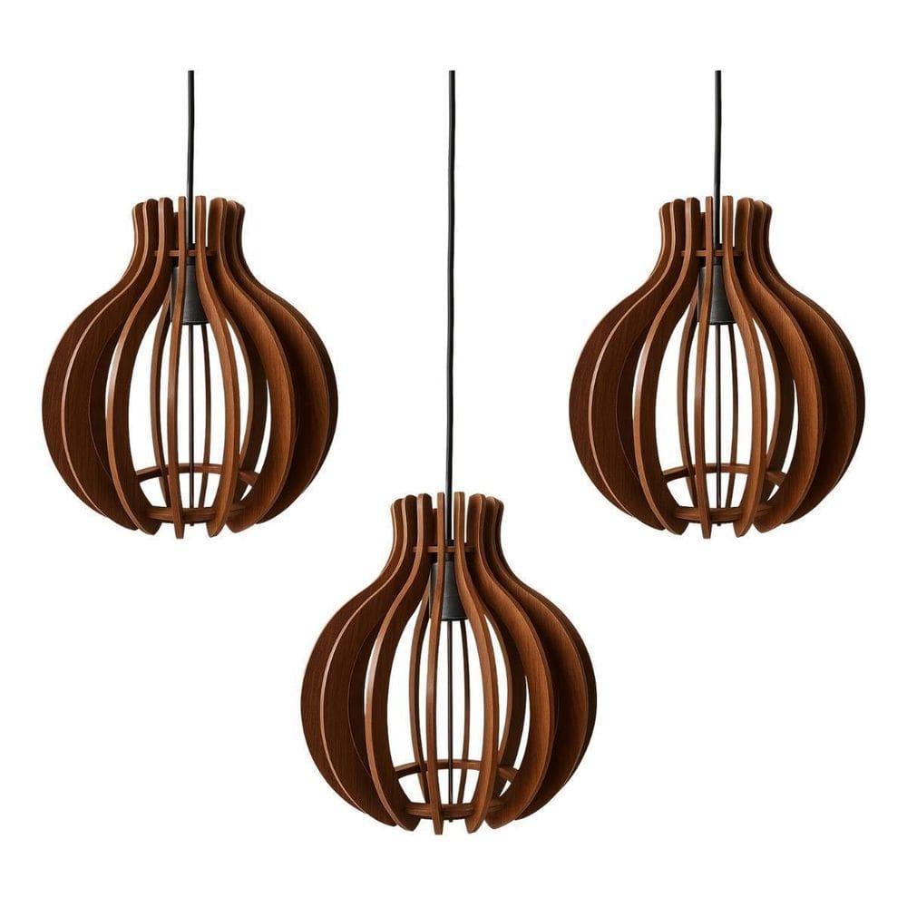 Kit 3 Lustre Pendente Luminaria Rustica Sala Cozinha Madeira