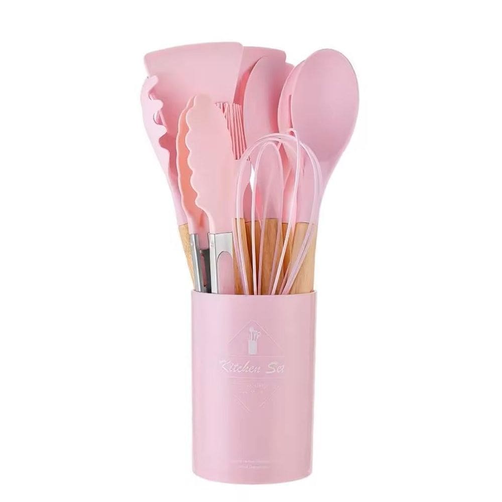 Kit De Utensílios Cozinha Silicone E Bambu 12 Peças - Rosa
