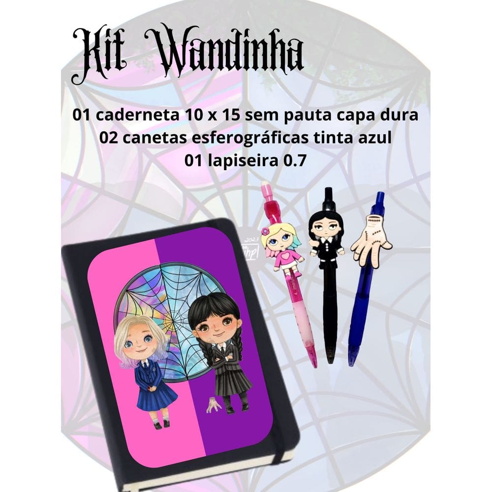Kit Wandinha Vandinha Eneide amiga Caderneta de anotações com caneta e lapiseira papelaria presente dia crianças