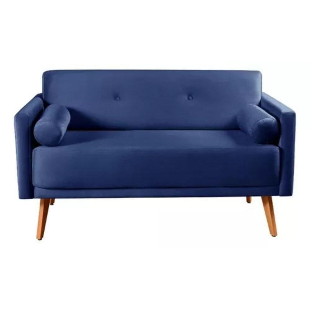 Sofá 2 Lugares Luma Suede Azul Marinho Com Pés Em Madeira 1,40m