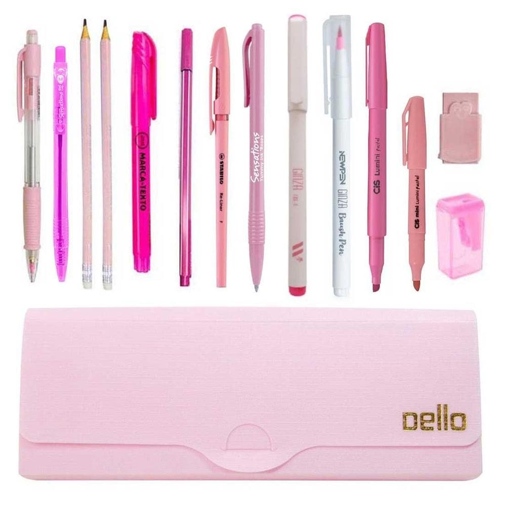 Kit Estojo Tons De Rosa Escolar Completo