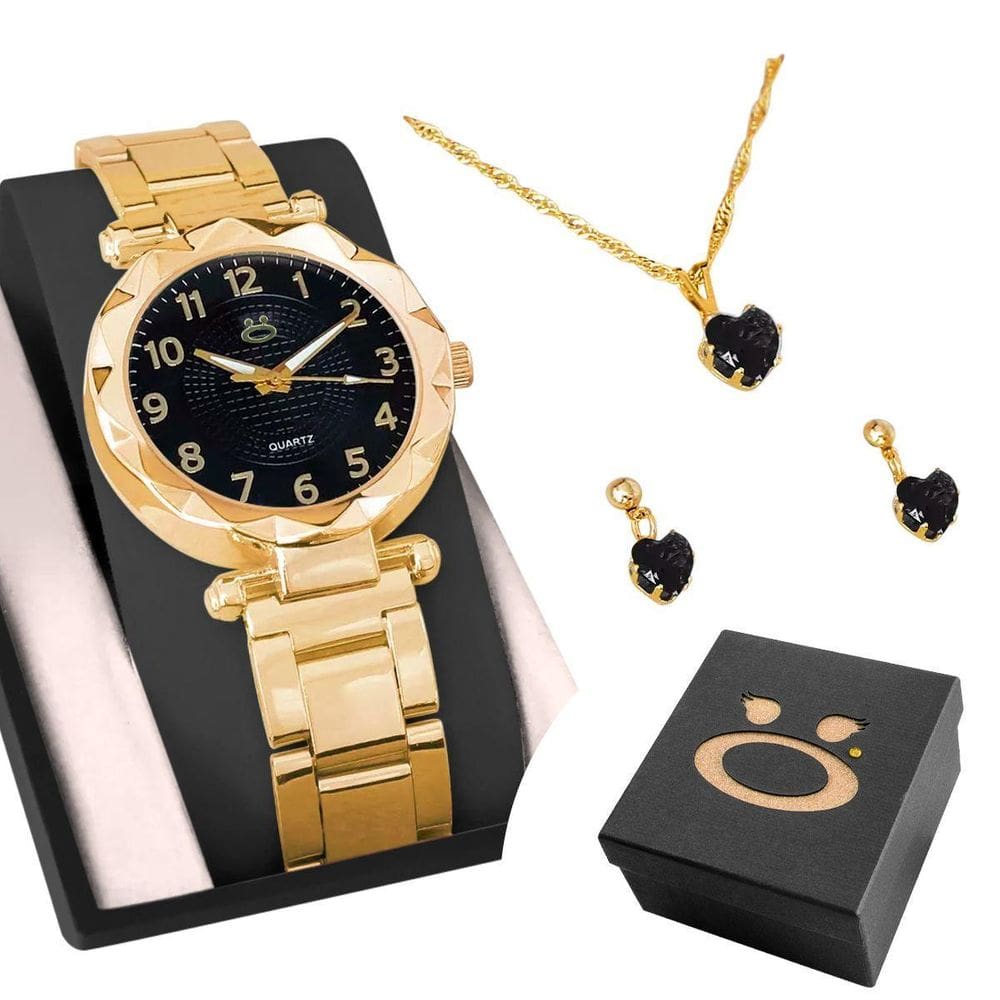 Relógio Feminino Aço Preto + Caixa + Brincos + Colar Strass