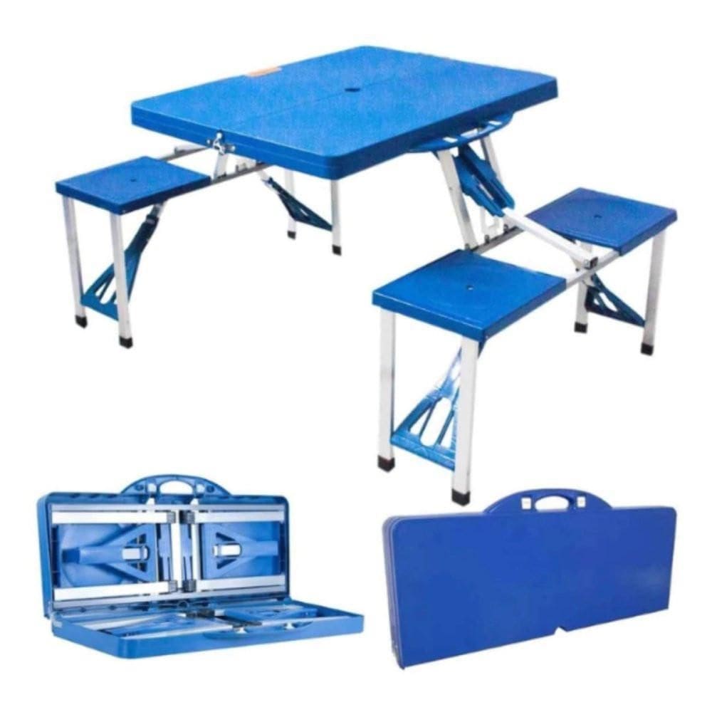 Mesa Dobrável De Alumínio Com 4 Banquetas Camping - Azul