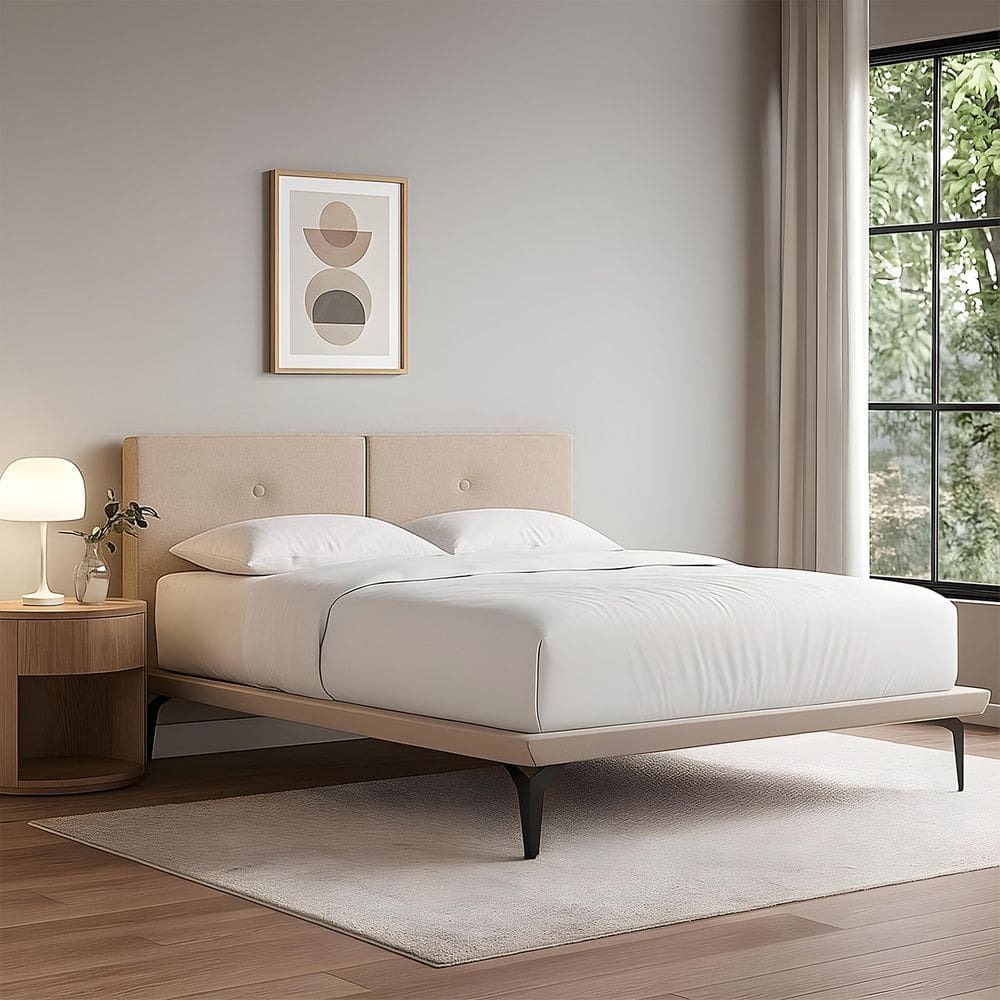 Cama Casal Montessoriana Adulto Ninho Eiffel com Cabeceira Almofada Linho Bege