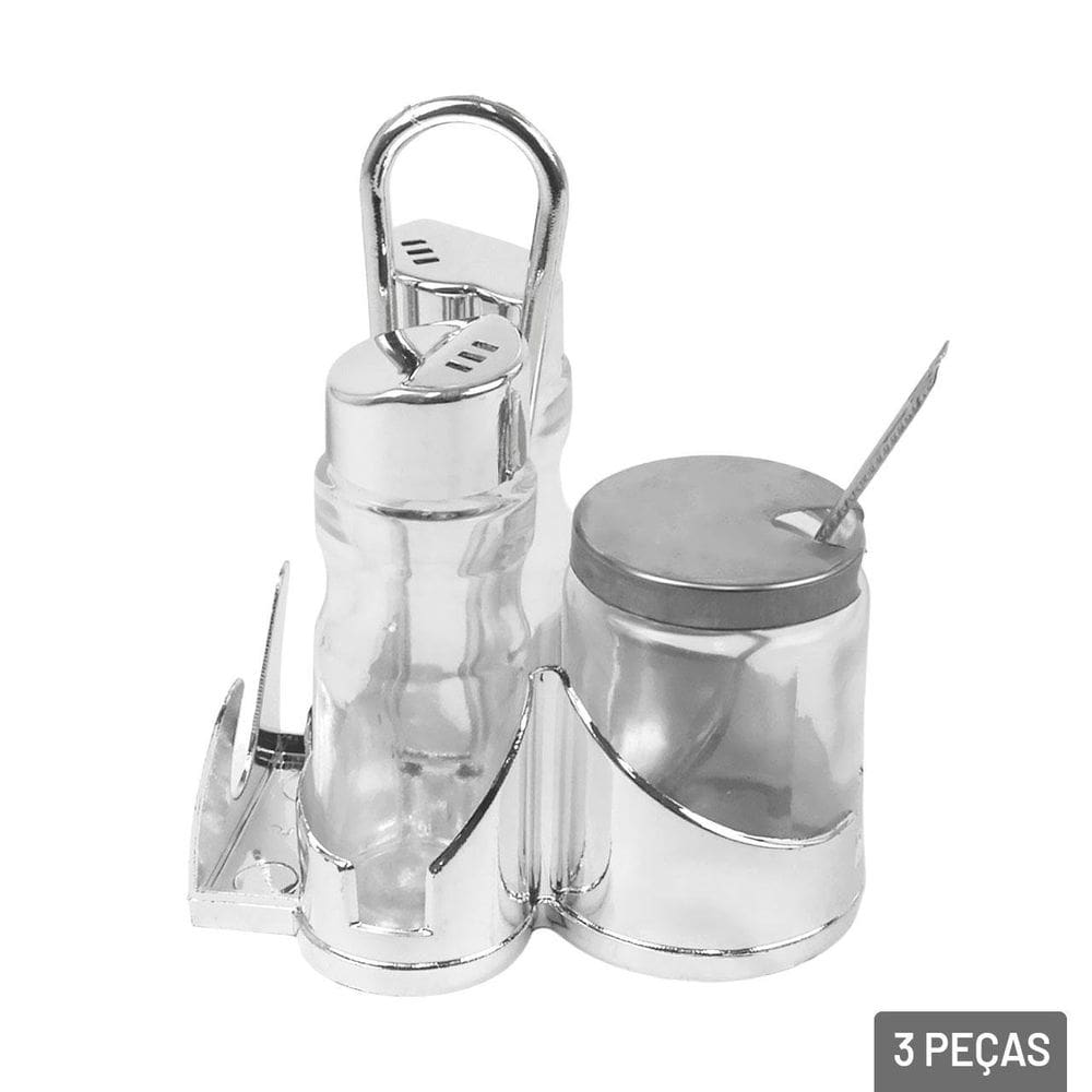 Galheteiro de Vidro 3 Pçs com Suporte Metal - Tudo em Caixa