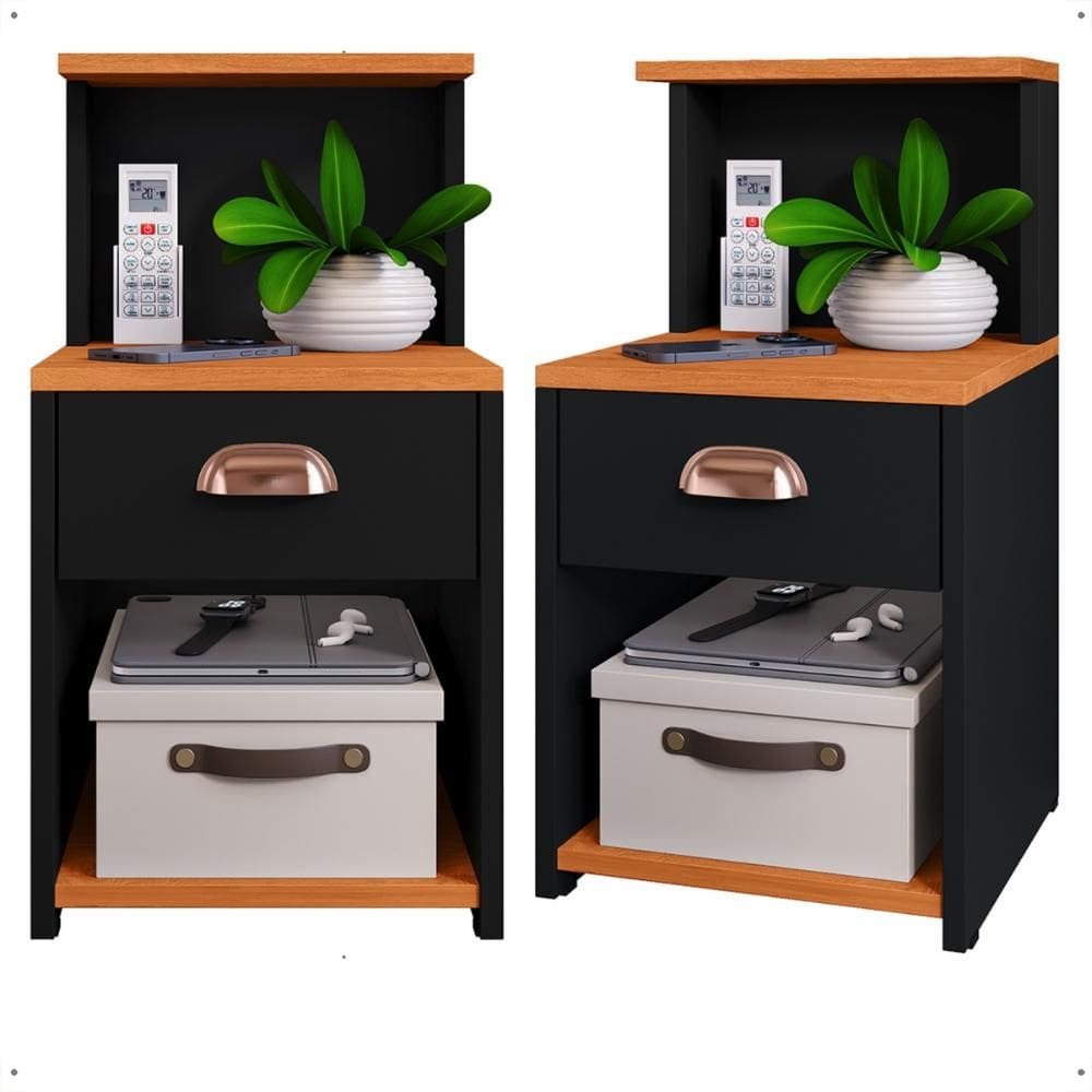 Kit 2 Mesas de Cabeceira Cléo Preto/Cinamomo 1 Gaveta Puxador Concha Nicho Prateleira Suspensa Lateral Cama Box Quarto - Lojas RPM