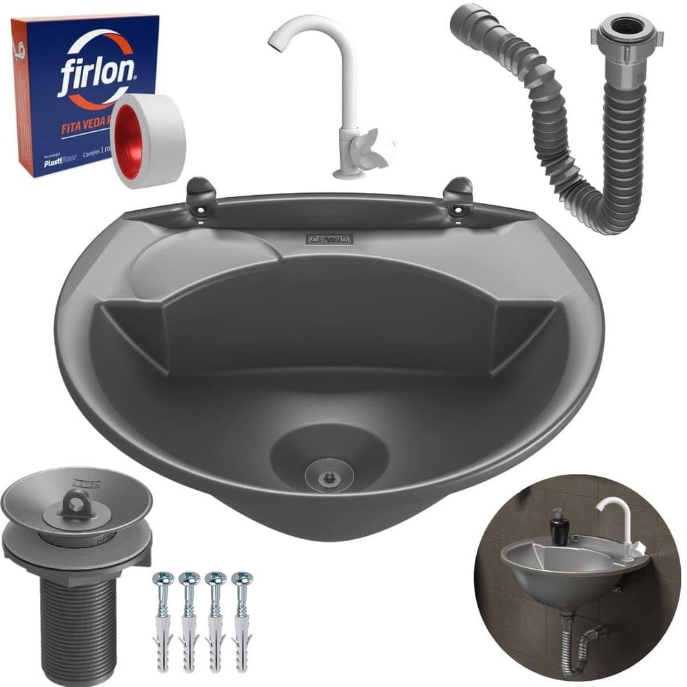 Pia 4L Cinza + Sifão Sanfonado Cinza + Torneira + Veda Rosca