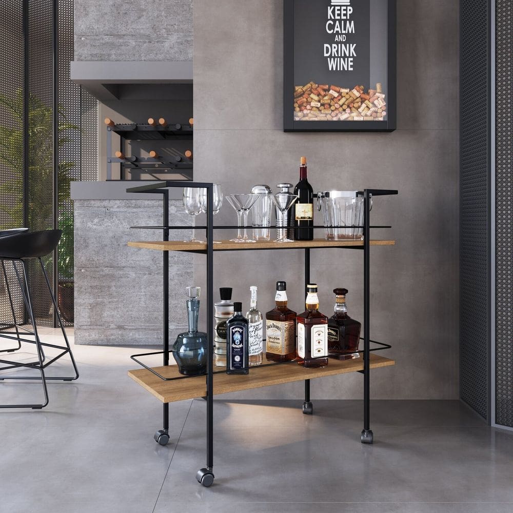Carrinho Bar Estilo Industrial com 2 Prateleiras Preto/Mel
