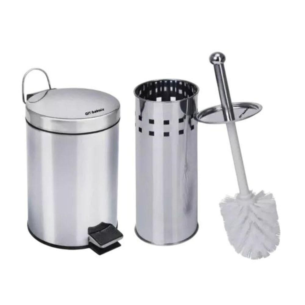 Kit Lixeira Inox 5L + Escova Sanitária E Suporte Para Banheiro Chique