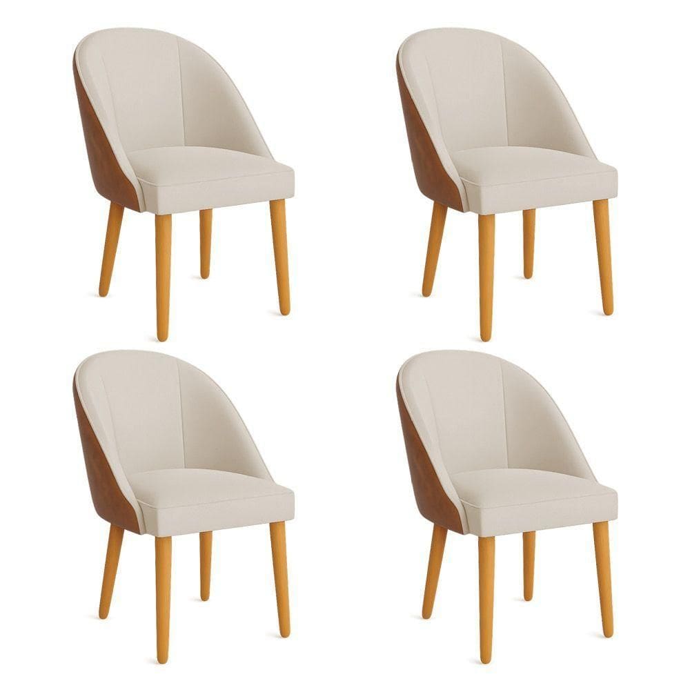 Kit 04 Cadeiras Poltrona De Jantar Bela Corano Nozes E Linho Pés Palito Castanho - Pallazio Cor Bege