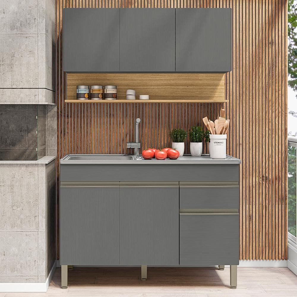 Balcão Para Pia E Armário Aéreo 120 Cm Line Ktp Gris Cp Freijo