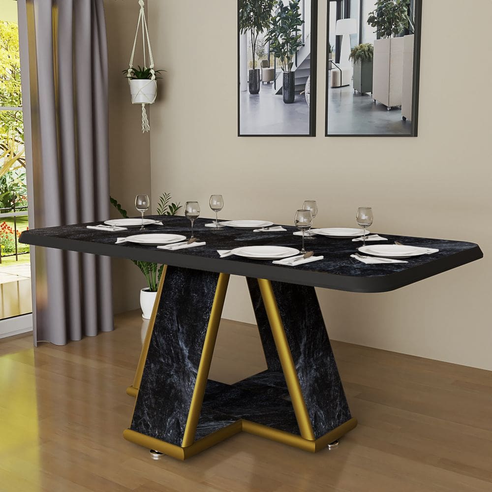 Mesa De Jantar 6 Lugares Retangular Moderna Tampo De MDF Estampa De Mármore