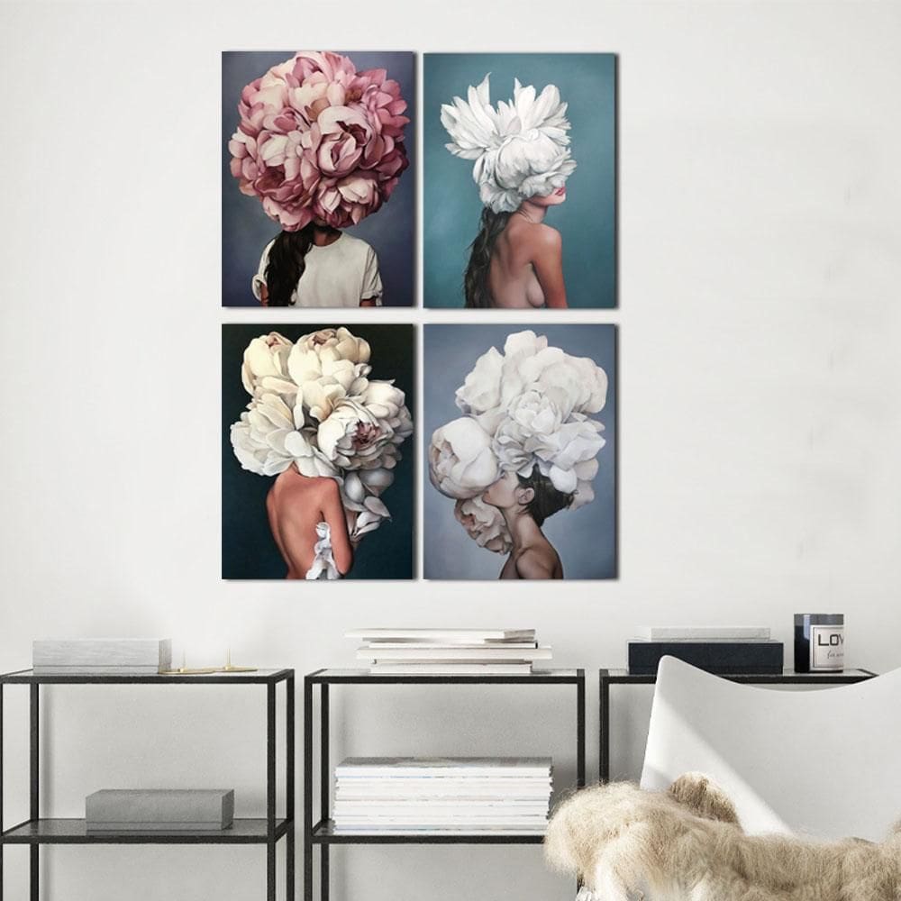 Kit 4 Quadros Decorativos Mulher Com Flores