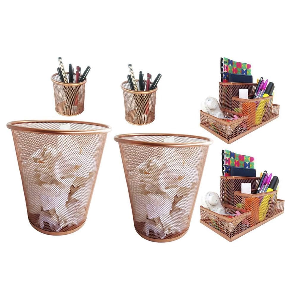 Kit Organizador, Porta Caneta E Lixeira Rose Gold Escritório