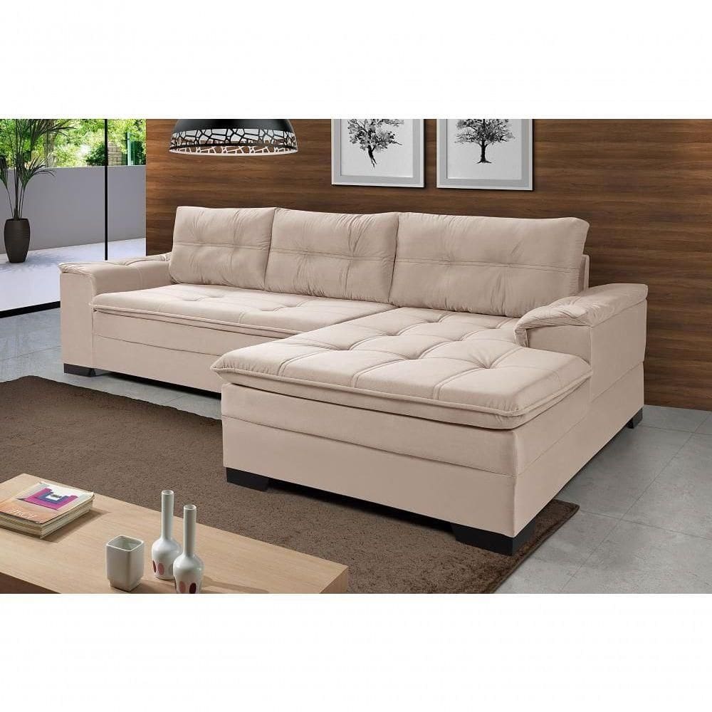Sofá Viena Chaise Suede Fixo Pés Madeira Living Confortável Império Areia 376