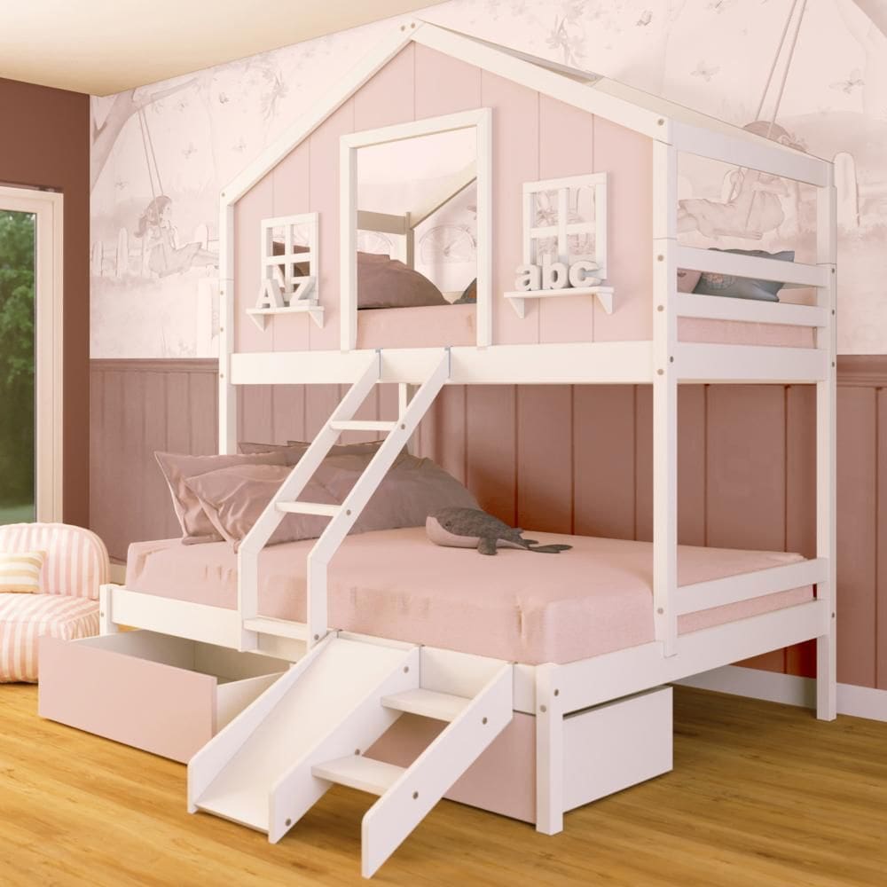 Beliche Casal/ Solteiro Casinha Sonhos 02 Gavetas Rosa Kit Escada/ Escorregador Madeira Maciça Rosa/ Branco Megamobilia