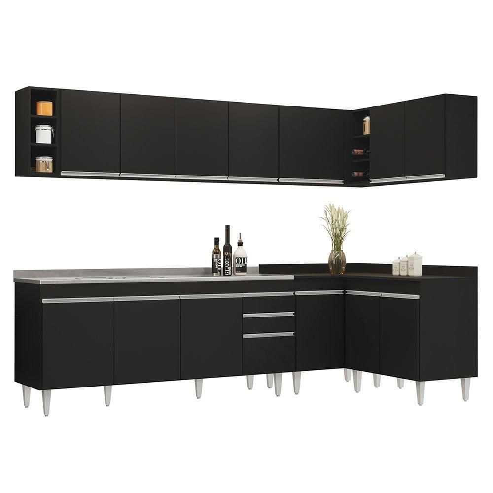 Armário De Cozinha Modulado De Canto 7 Peças Cp36 Com Pia Inox Preto