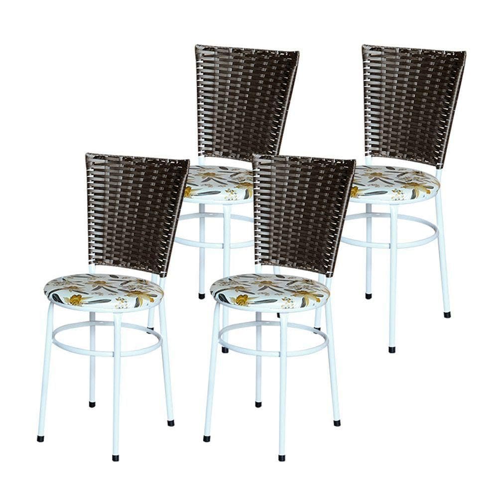 4 Cadeiras Para Mesa Branca Hawai Marrom Assento Floral Orquídea