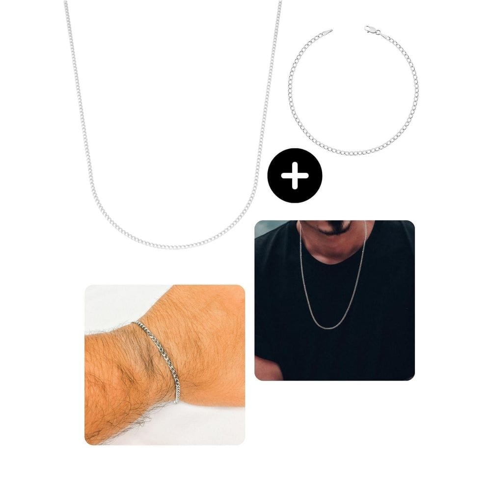 Kit Corrente Cordão 70Cm + Pulseira Masculina Prata Fita