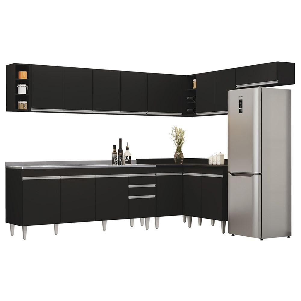 Armário De Cozinha Modulado De Canto 8 Peças Cp27 Com Pia Inox Preto