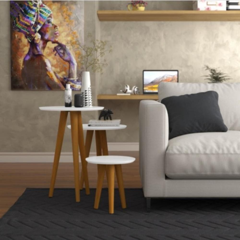 Conjunto 3 Mesas Laterais Pés Palito Em Madeira 4203 Sala Branco