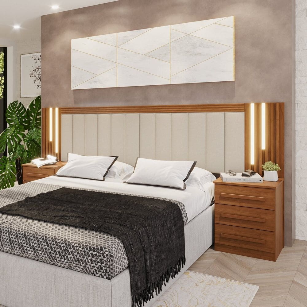 Cabeceira Casal Extensível com Led Luminous Cinamomo / Leblon Areia