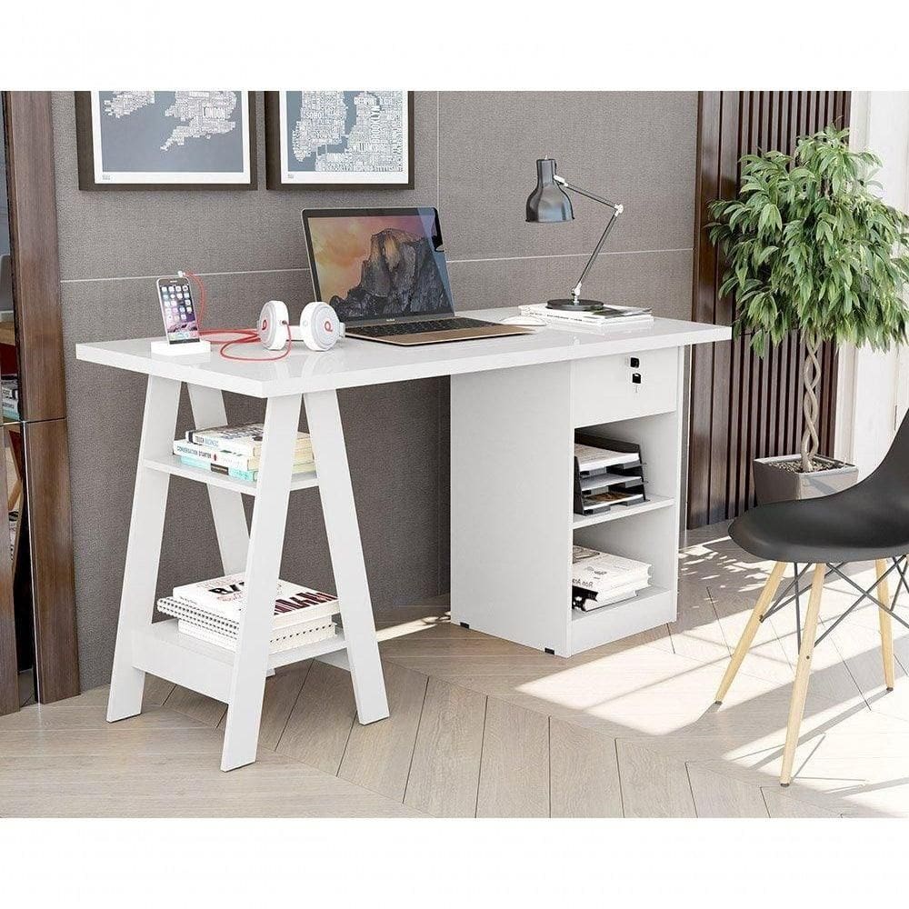 Escrivaninha Cavalete 2 Prateleira 2 Nichos 1 Gaveta Bali Branco - Carmolar