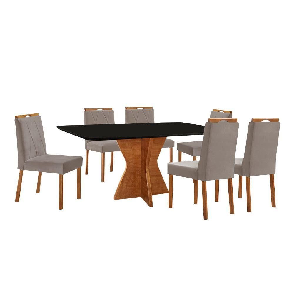 Conjunto Sala De Jantar Mesa Madri 160x90cm Tampo Retângular Vidro Preto Com 6 Cadeiras Veludo Cinza