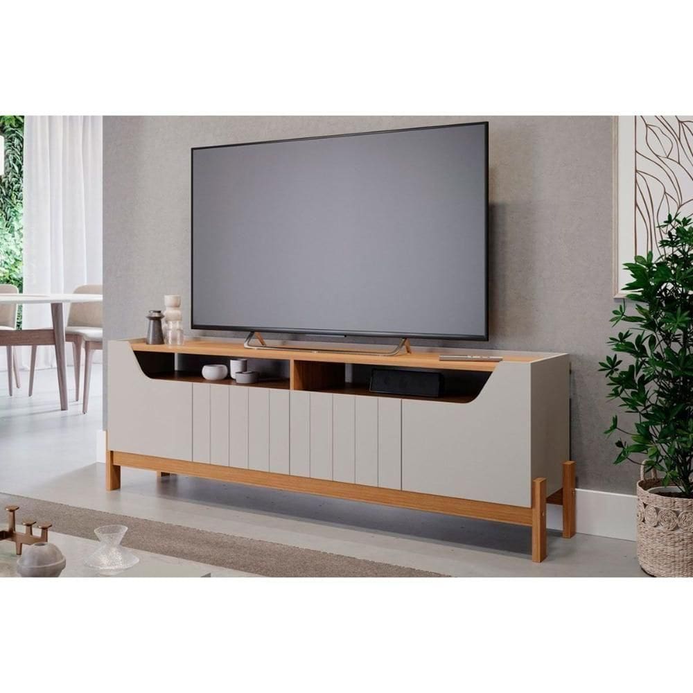 Rack Bancada Para Até 70 Pol Moema Ripado Com 4 Portas 185cm Off White-cinamomo - Permóbili