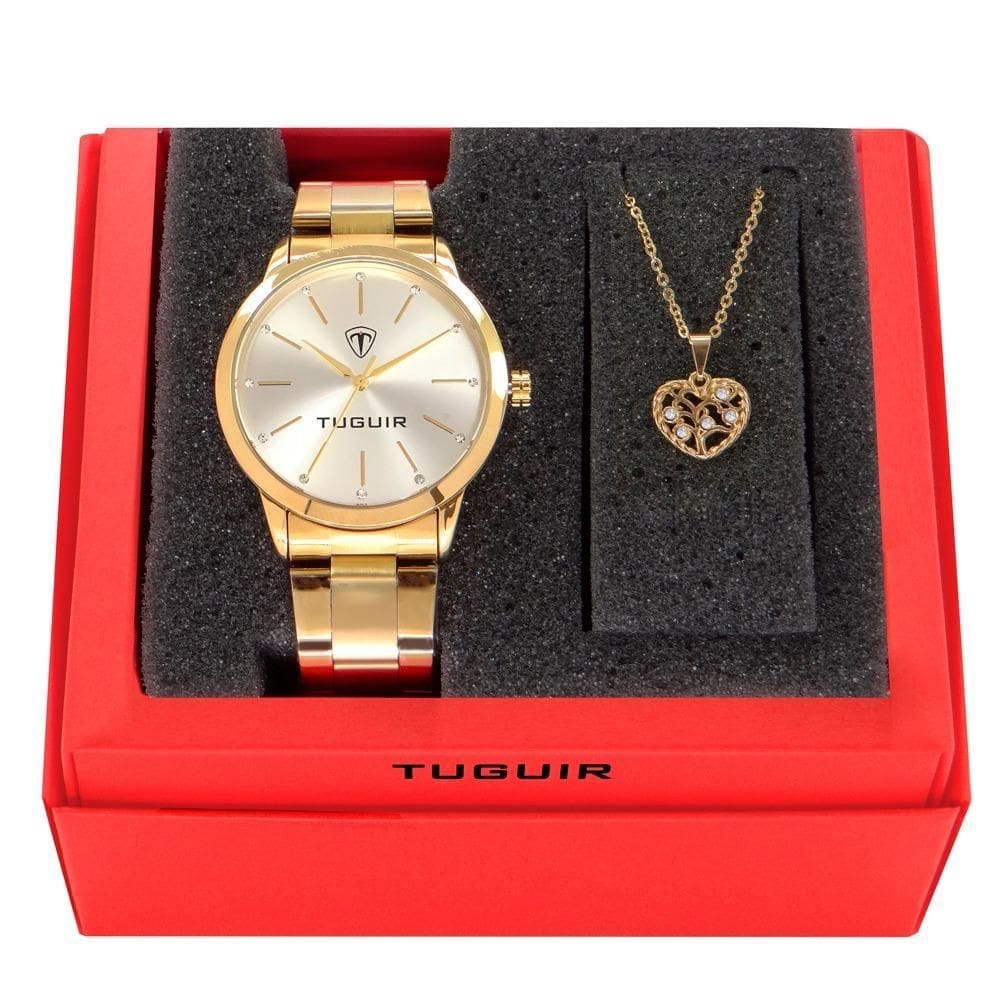 Kit Relógio Feminino Tuguir Analógico Tg142 Dourado Com
