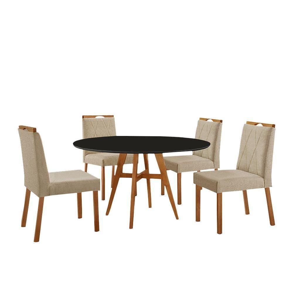 Conjunto Sala De Jantar Mesa Atenas Madeira Maciça 110cm Tampo Redondo Vidro Preto Com 4 Cadeiras Bela Linho Bege
