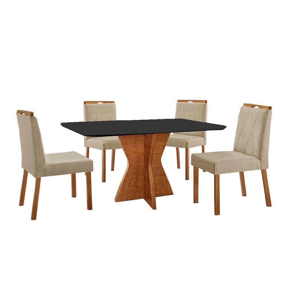 Conjunto Sala De Jantar Mesa Madri 140x80cm Tampo Retângular Vidro Preto Com 4 Cadeiras Bela Linho Bege