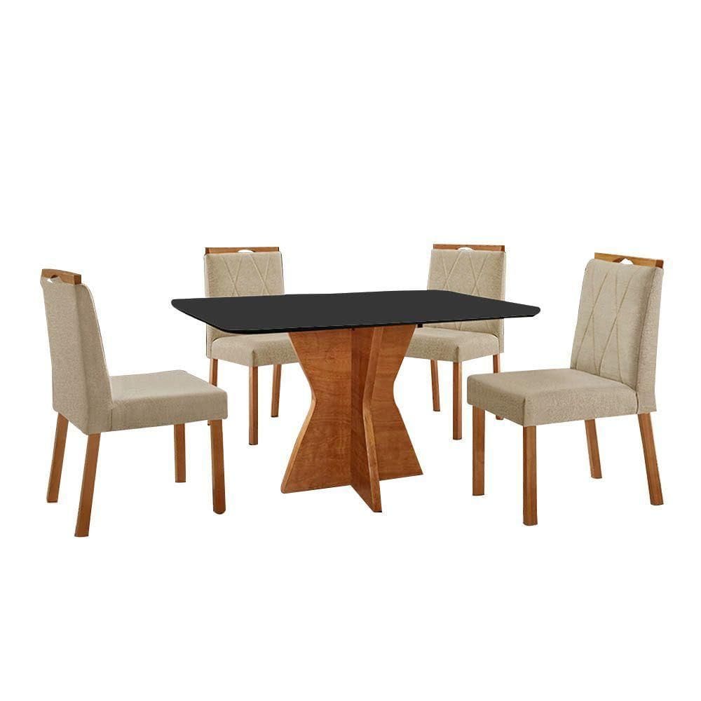 Conjunto Sala De Jantar Mesa Madri 120x80cm Tampo Retângular Vidro Preto Com 4 Cadeiras Bela Linho Bege