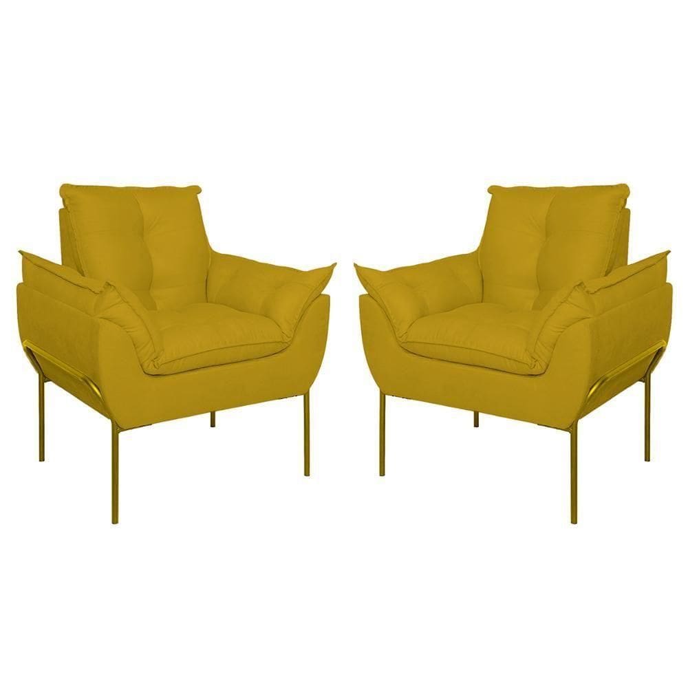 Kit 2 Poltronas Luxo Base Reforçada Metal Dourado Amarelo
