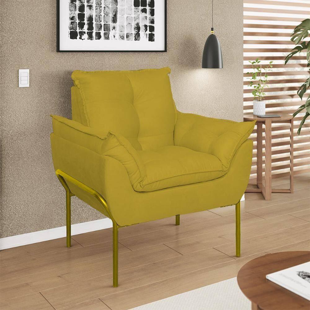 Poltrona Sofá Luxo Base Metal Dourada Recepção Escritório Amarelo
