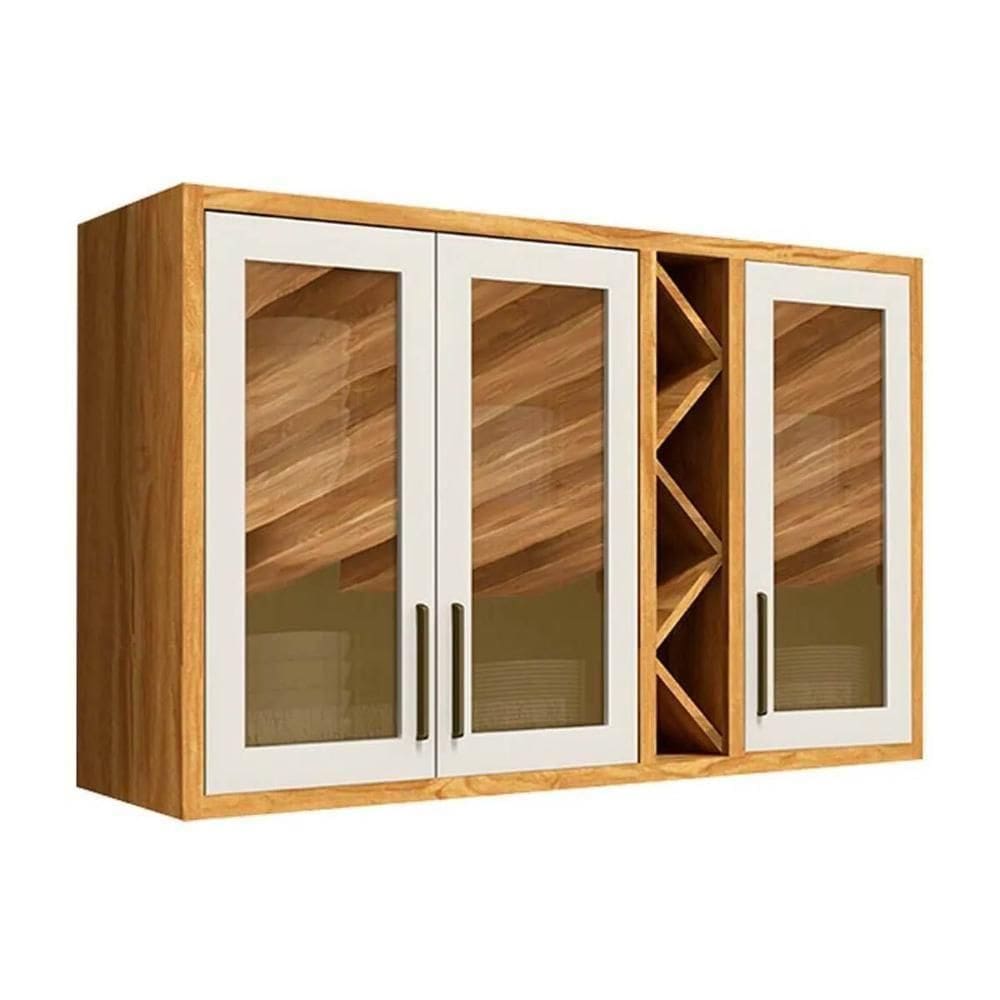 Armário Aéreo Cozinha Modulado Tempranillo Com 3 Portas Com Vidro Reflecta 120cm Amendoa-off White - Ronipa