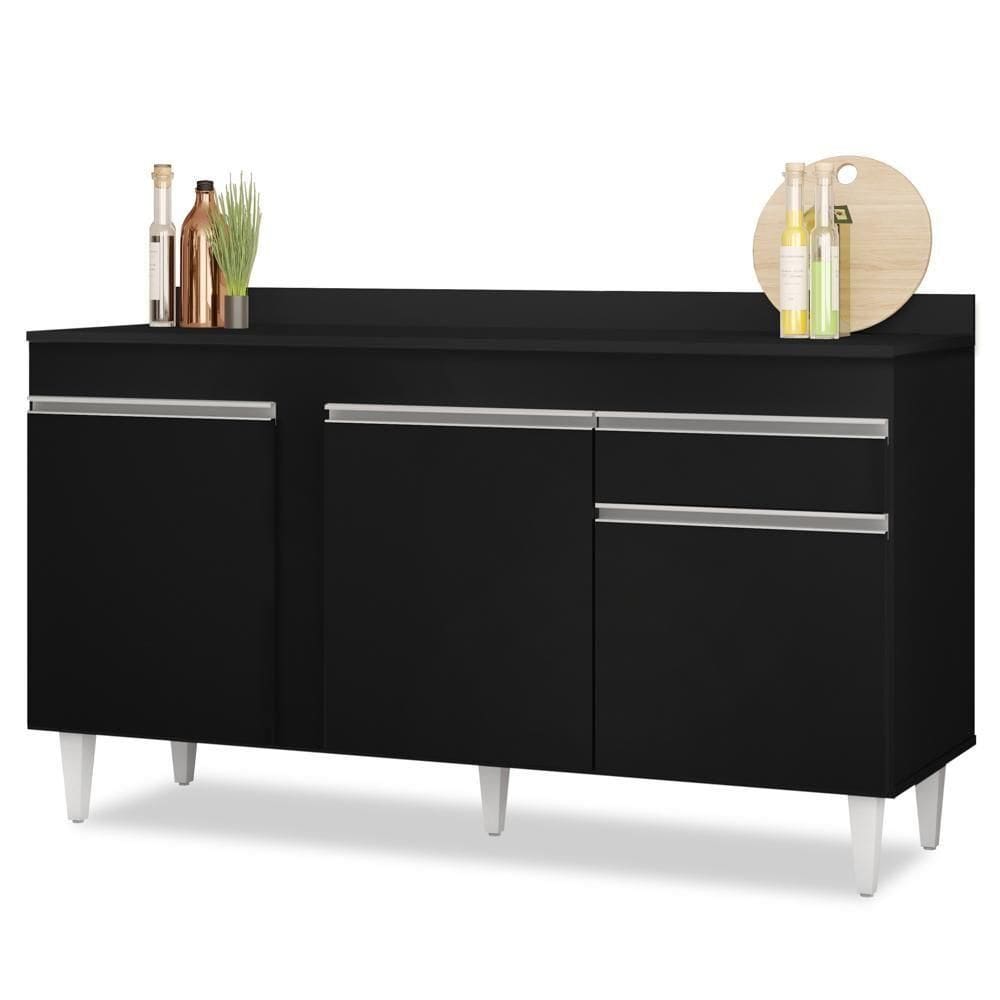 Balcão Gabinete Para Pia Com Tampo 150cm 3 Portas 1 Gaveta Dakota Preto - Lumil