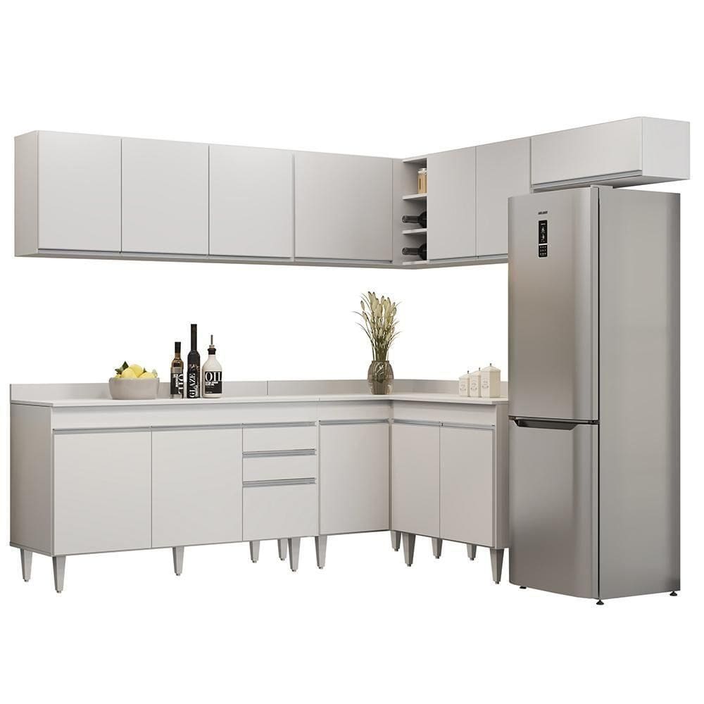 Armário De Cozinha Modulado De Canto 7 Peças Cp23 Balcão Com Tampo Branco - Lumil