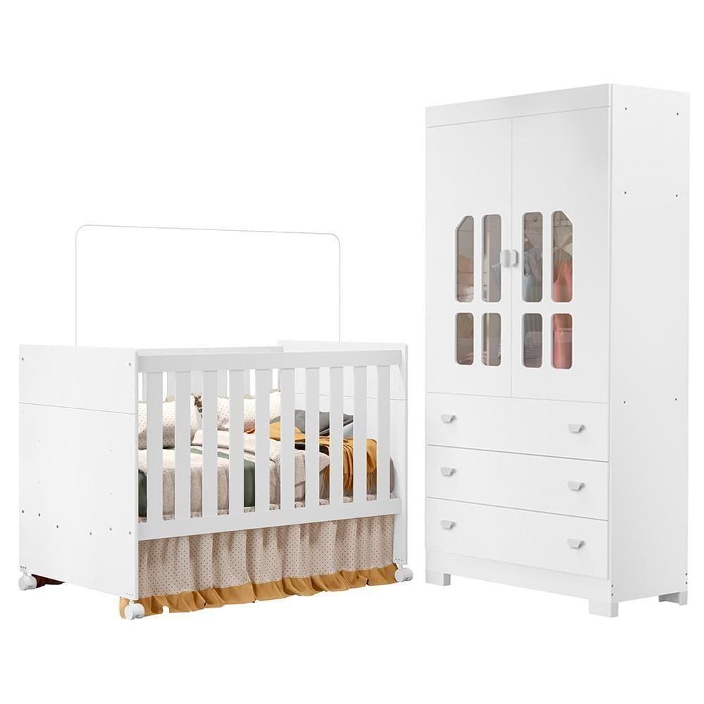 Jogo De Quarto Infantil New Katatau Guarda Roupa E Berço Mini Cama Branco Brilho - Reller Móveis Branco Brilho