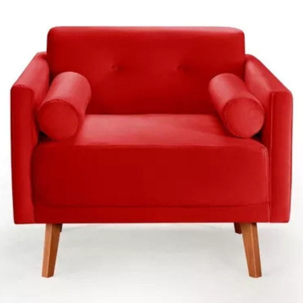 Poltrona Decorativa Luma Suede Vermelho Com Pés Em Madeira